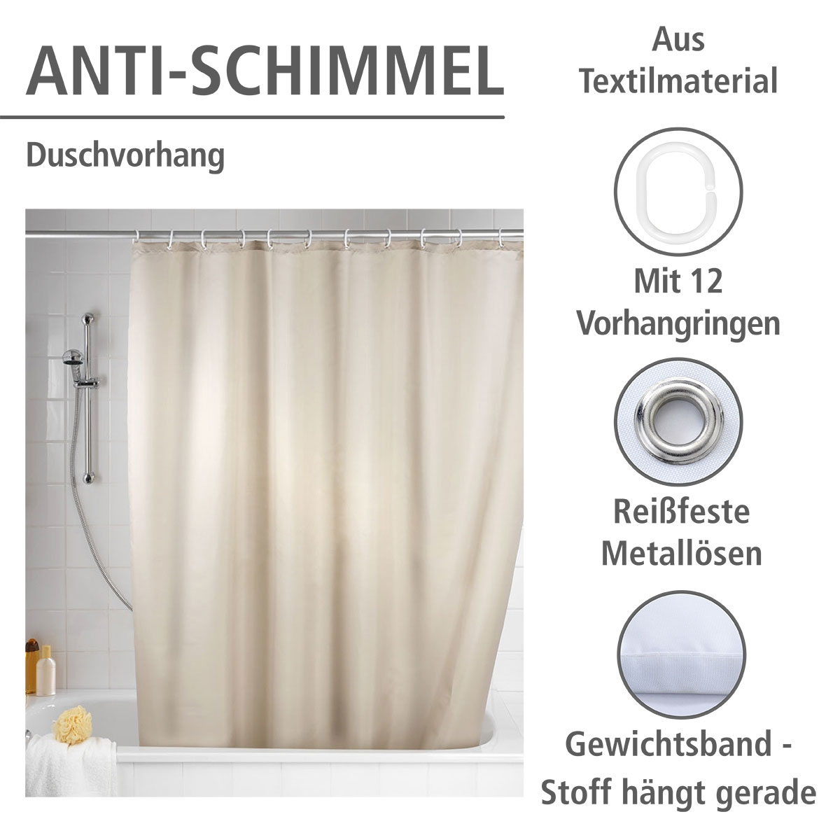Wenko  Anti-Schimmel Duschvorhang Uni Beige Textil Polyester 180 x 200 cm waschbar Bild 2