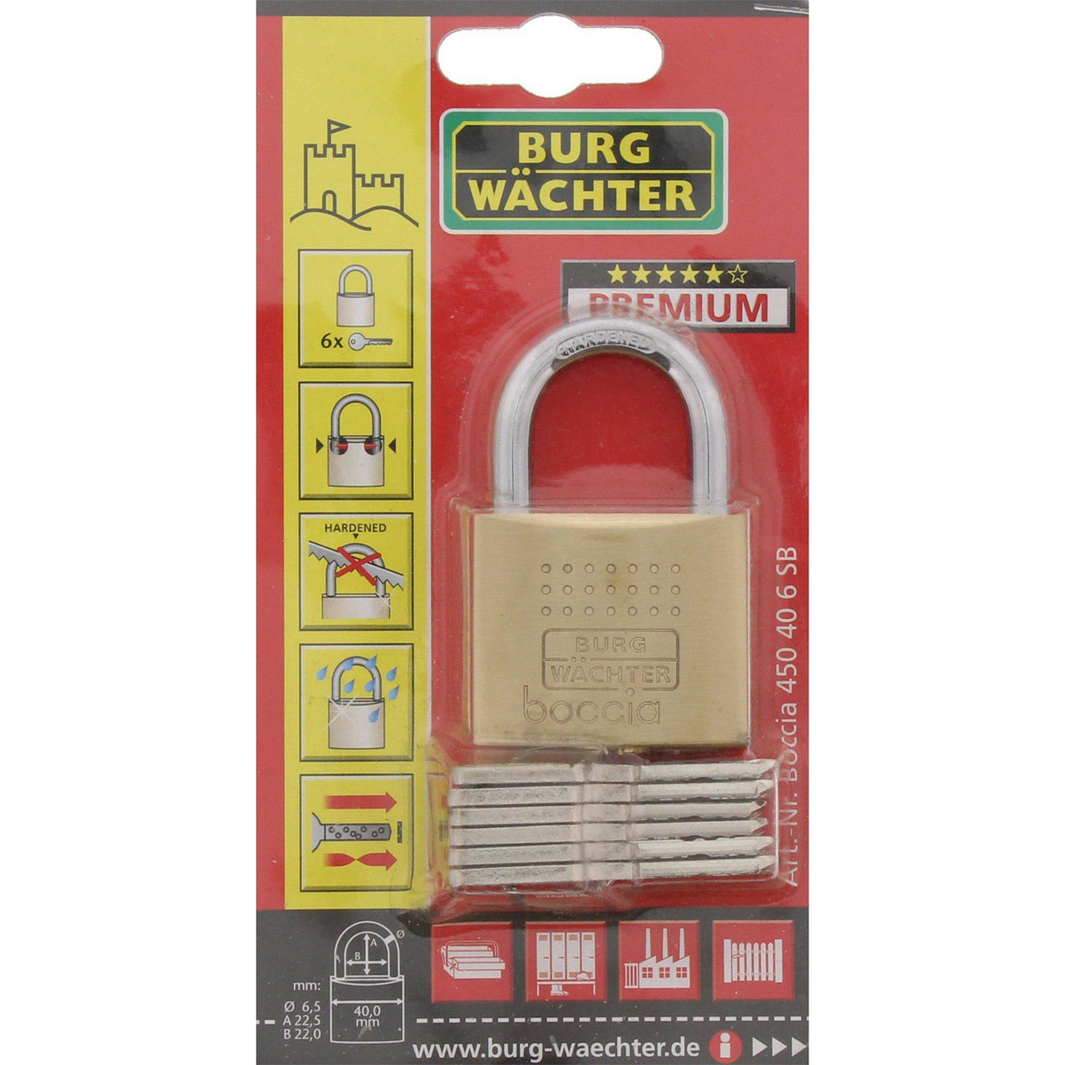 Burg Wächter Zylinder-Vorhängeschloss Boccia 450 64,4 40 x 64,4 x 14,5 mm Messing