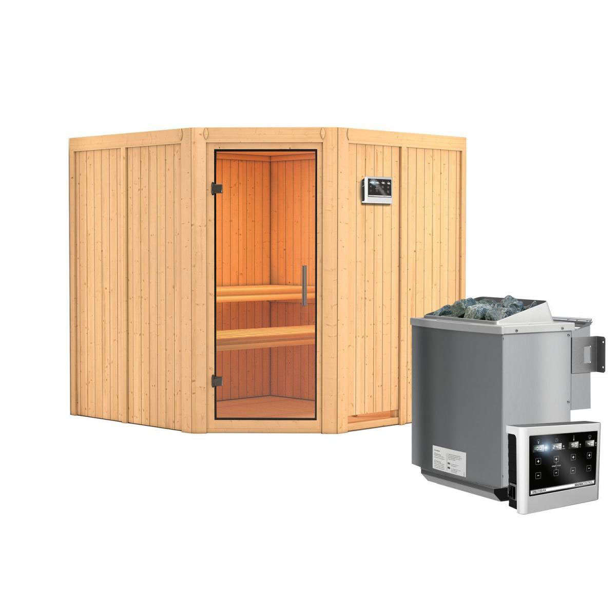 Karibu Sauna Jarin Eckeinstieg 9 kW Bio Ofen kein Kranz Klarglas-Tür