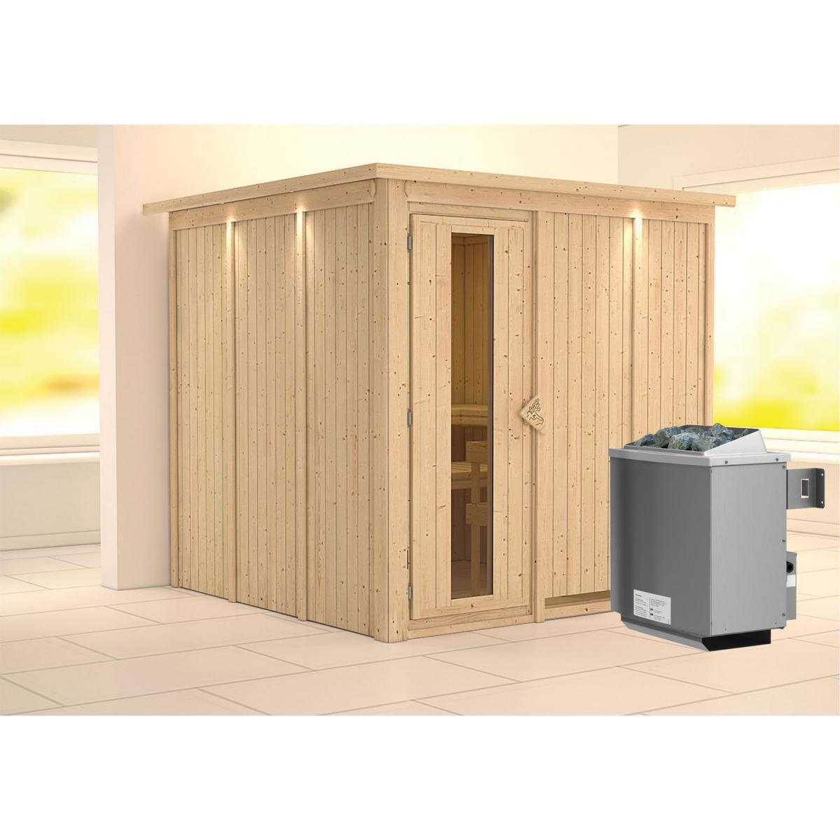 Karibu Sauna Rodin Fronteinstieg 9 kW Ofen integr Strg Tür gedämmt mit Kranz