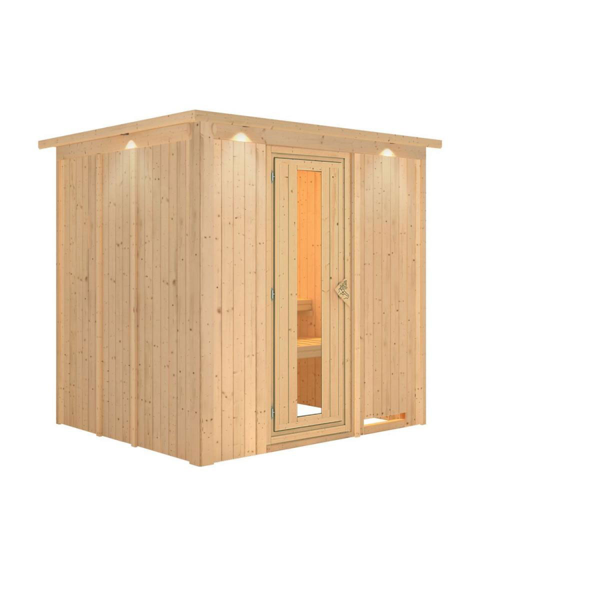 Karibu Sauna Daria Fronteinstieg ohne Ofen mit Kranz Energiespartür