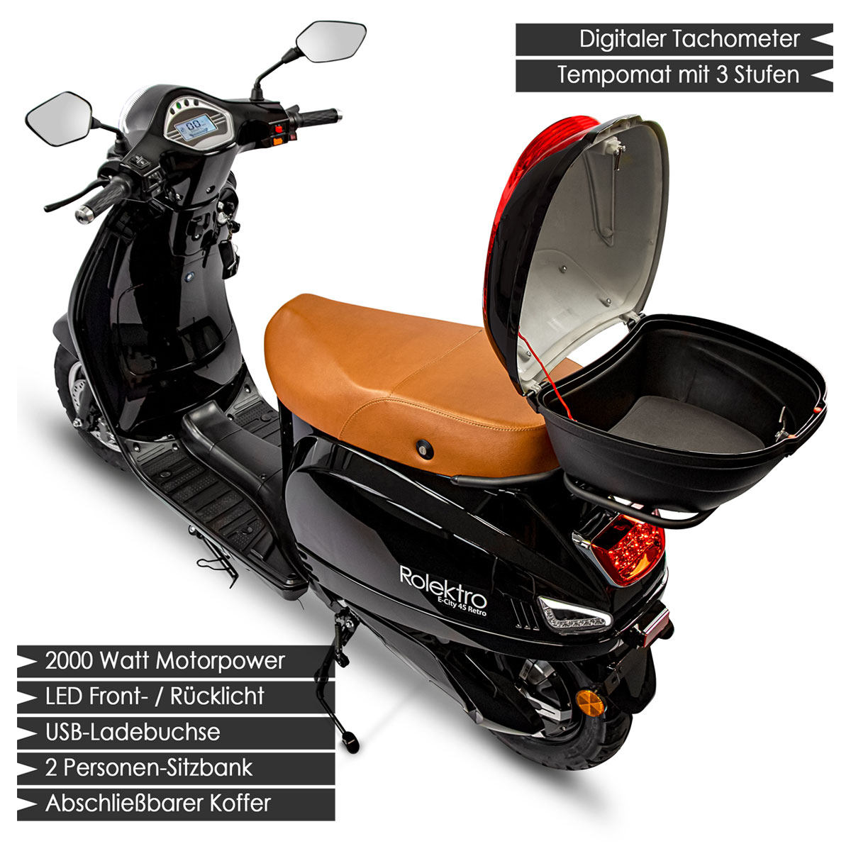 Rolektro Retro Roller E-Roller 45 km/h Lithium V.2021 Schwarz 60V-27,5Ah 2000W Bild 4