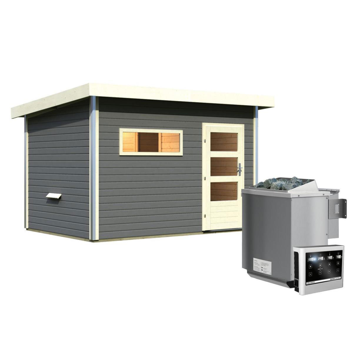 Karibu Saunahaus Skrollan 38 mm 9 kW Bio Ofen externe Strg moderne Tür terragrau Bild 5