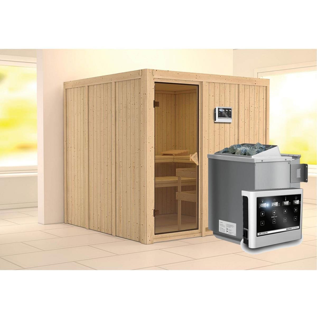 Karibu Systemsauna Rodin 68 mm 9 kW Ofen Bio externe Strg ohne Dachkranz