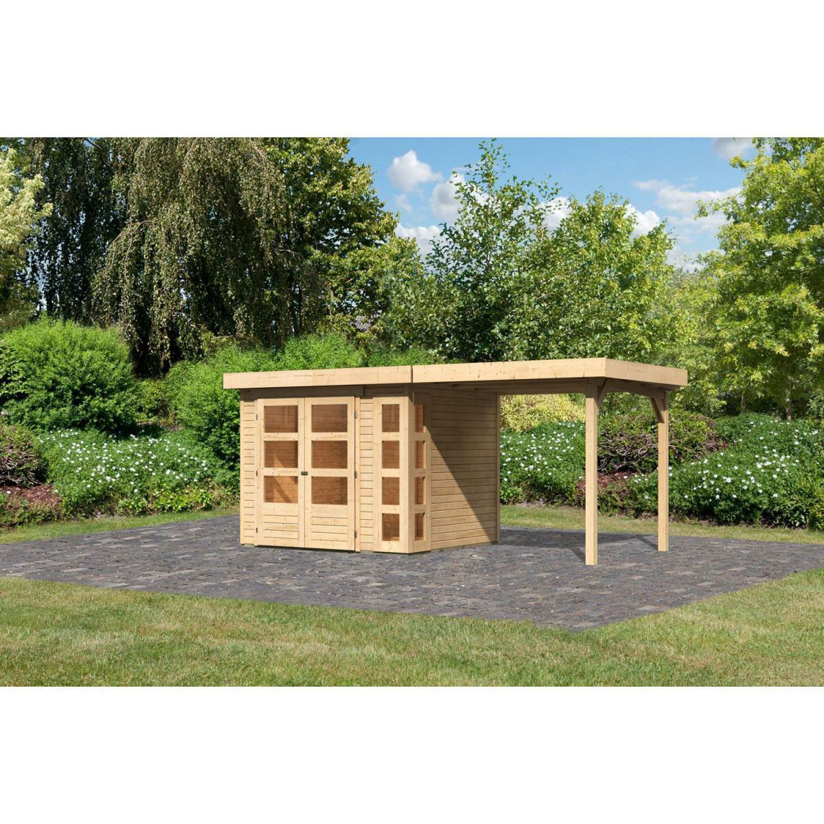 Karibu Gartenhaus-Set Kerko 3 mit Anbaudach 2,4 m naturbelassen Bild 1