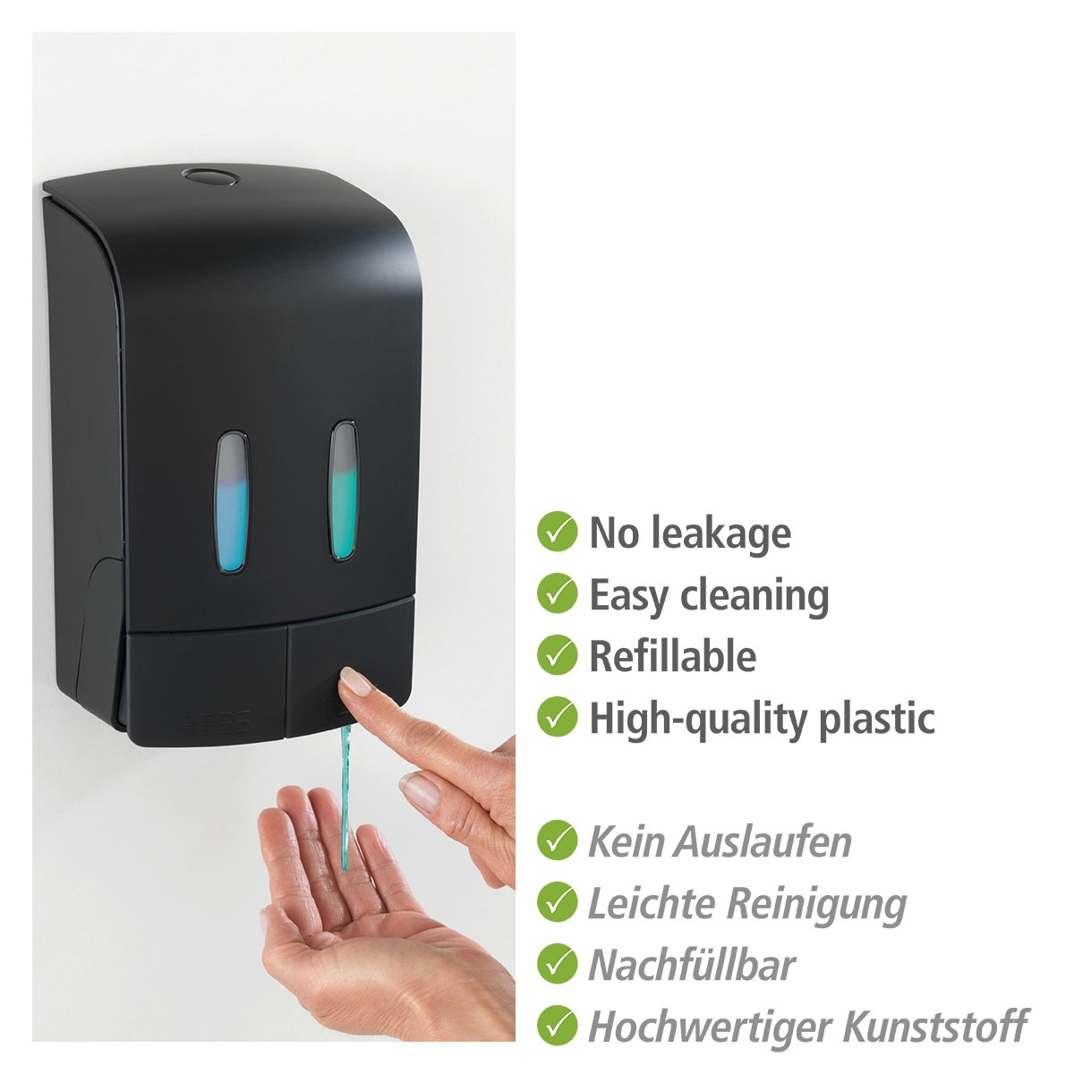 Wenko  2-Kammer Desinfektionsmittel- und Seifenspender Tartas Schwarz Seifen-Dosierer und Desinfektionsspender Füllmenge je Kammer 480 ml Bild 6