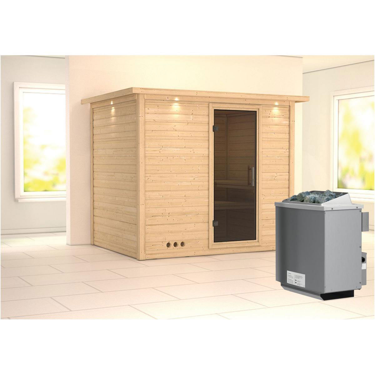 Karibu Sauna Sonara Fronteinstieg 9 kW integr Strg Tür graphit mit Kranz Bild 1