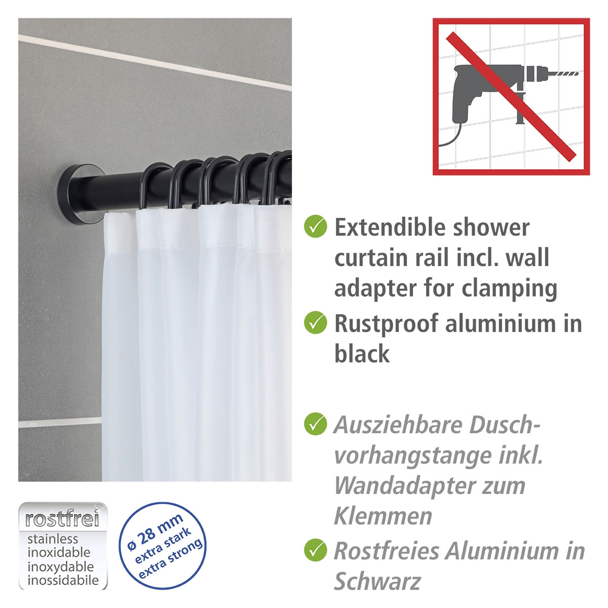 Wenko Teleskop-Duschstange Luz 110 - 185 cm Schwarz Ausziehbare Duschvorhangstange aus rostfreiem Aluminium