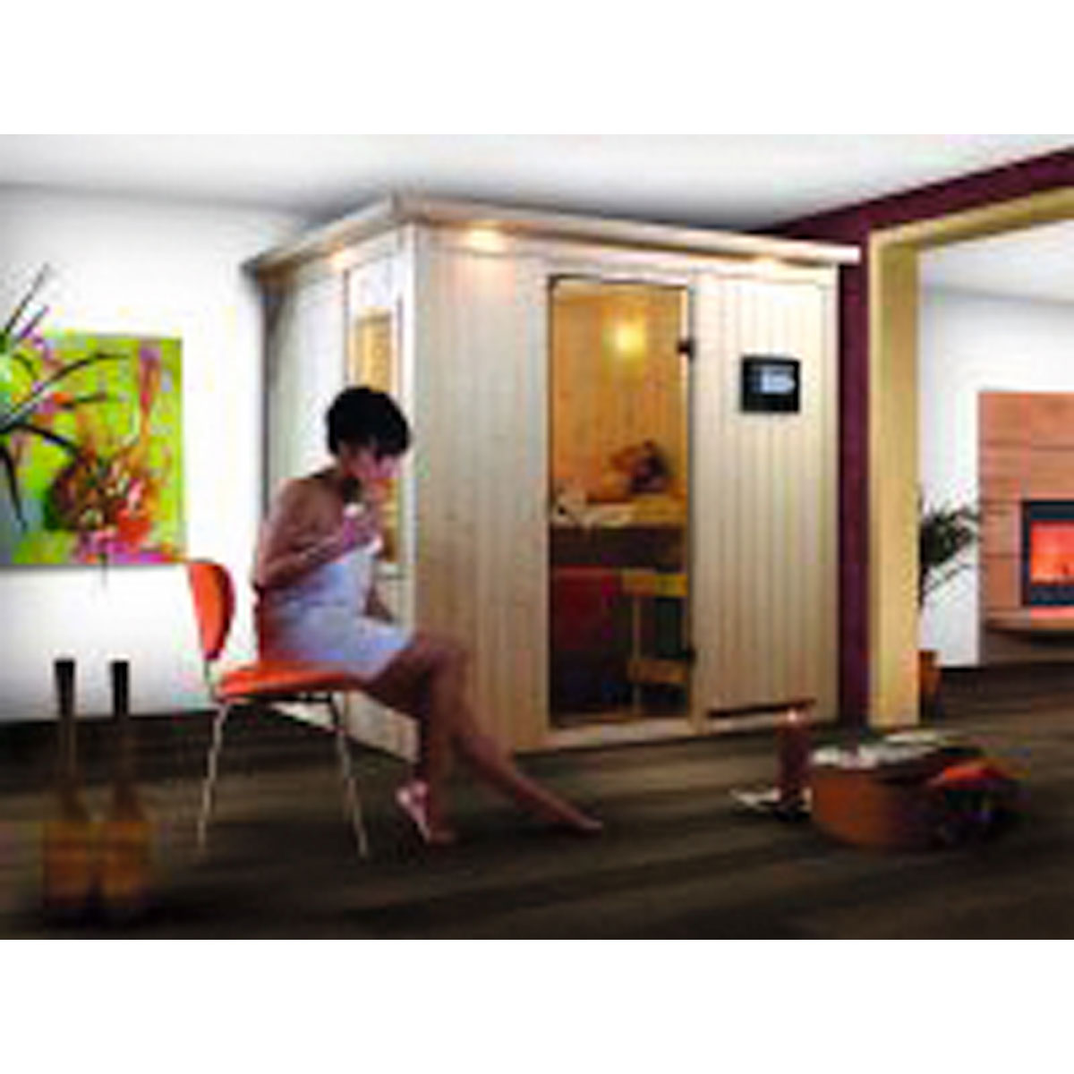 Karibu Systemsauna Fanja 68 mm 3,6 kW Ofen integr Strg mit Dachkranz