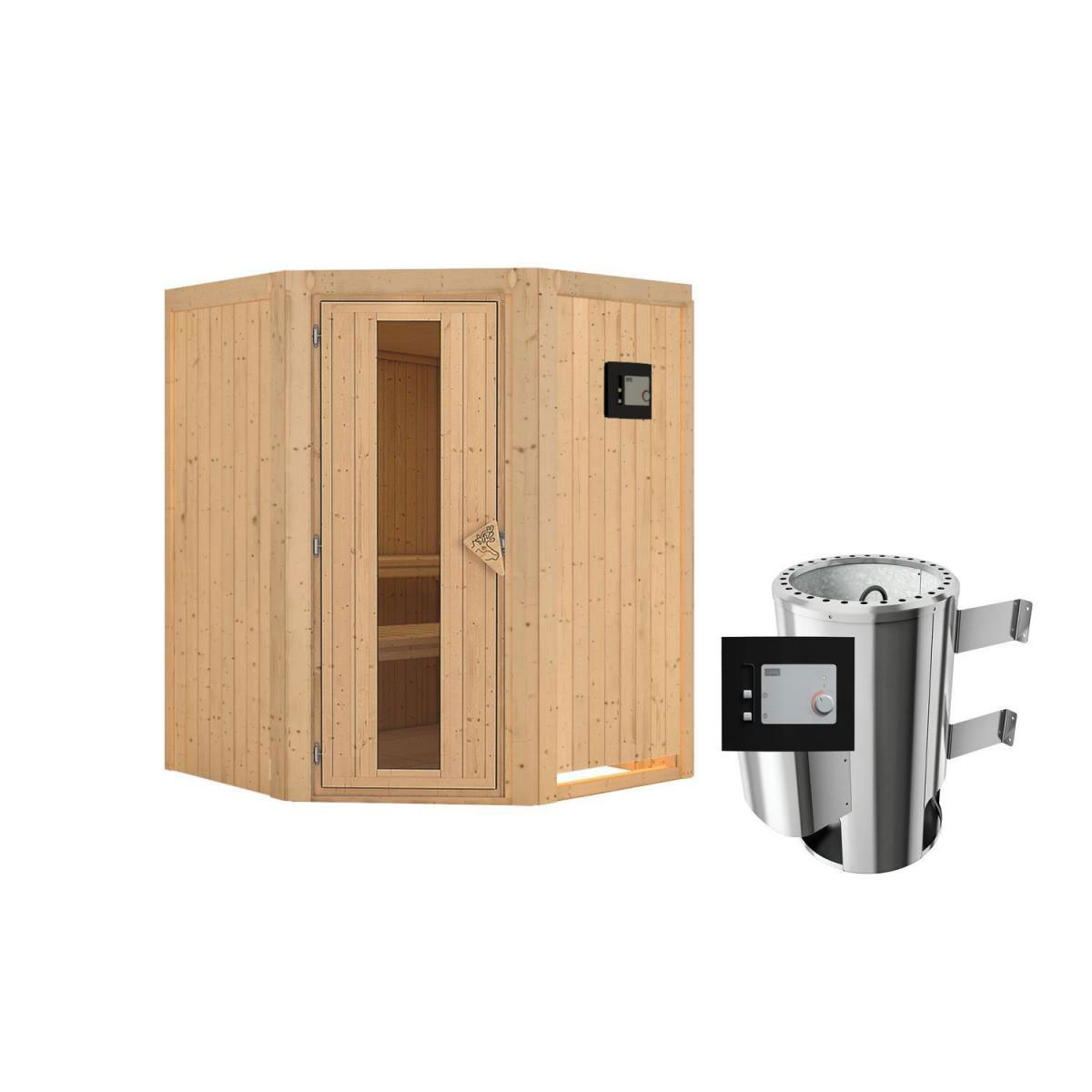 Karibu Sauna Nanja Eckeinstieg 3,6 kW Ofen externe Strg modern kein Kranz Energiespartür Bild 1